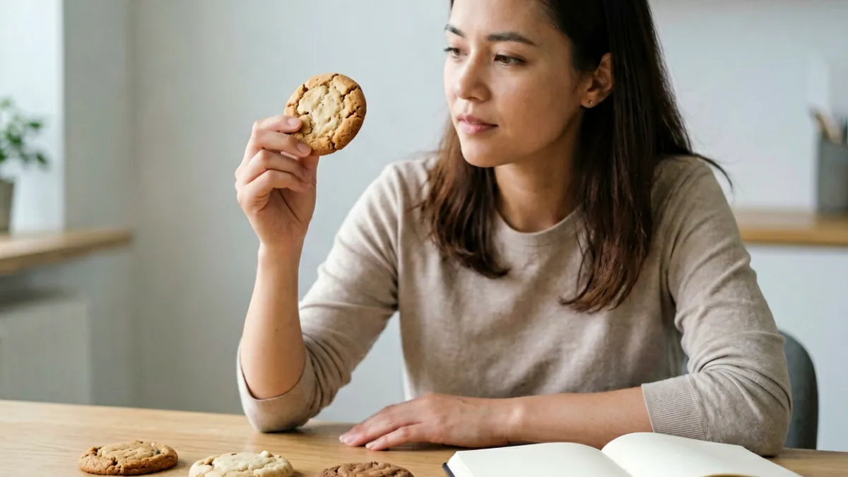 饼干姐姐坐在桌前拿着一块失败的饼干分析开裂原因，旁边有笔记本记录参数